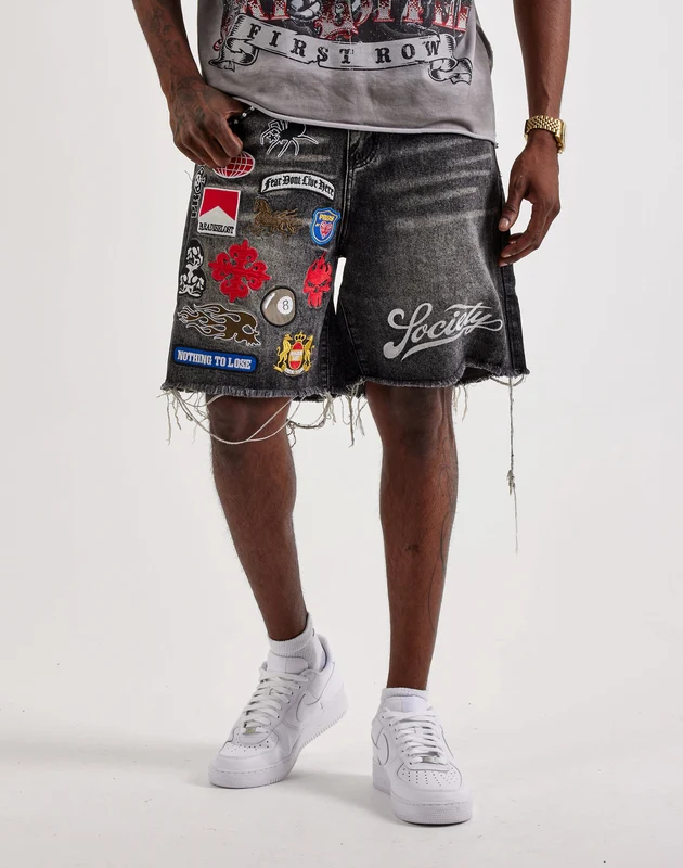 Paradise Lost Patches Distressed Denim Shorts 38