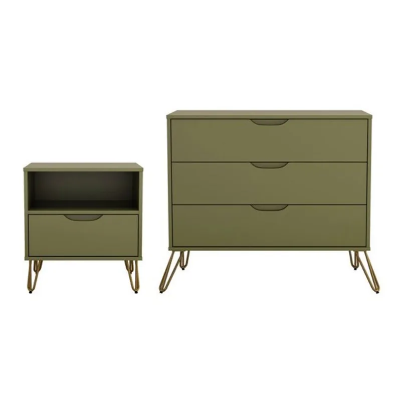 Manhattan Comfort Avira 2-Piece Mid-Century Modern Dresser and Nightstand Set – Olive Green