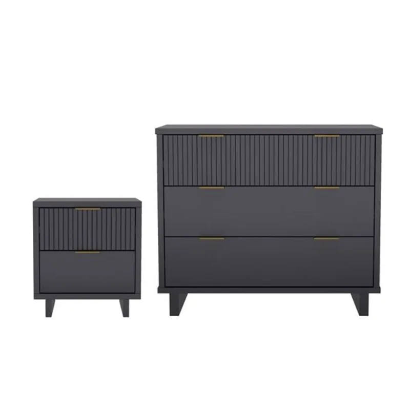 Manhattan Comfort Elara 2-Piece Contemporary Dresser and Nightstand Set – Charcoal Gray