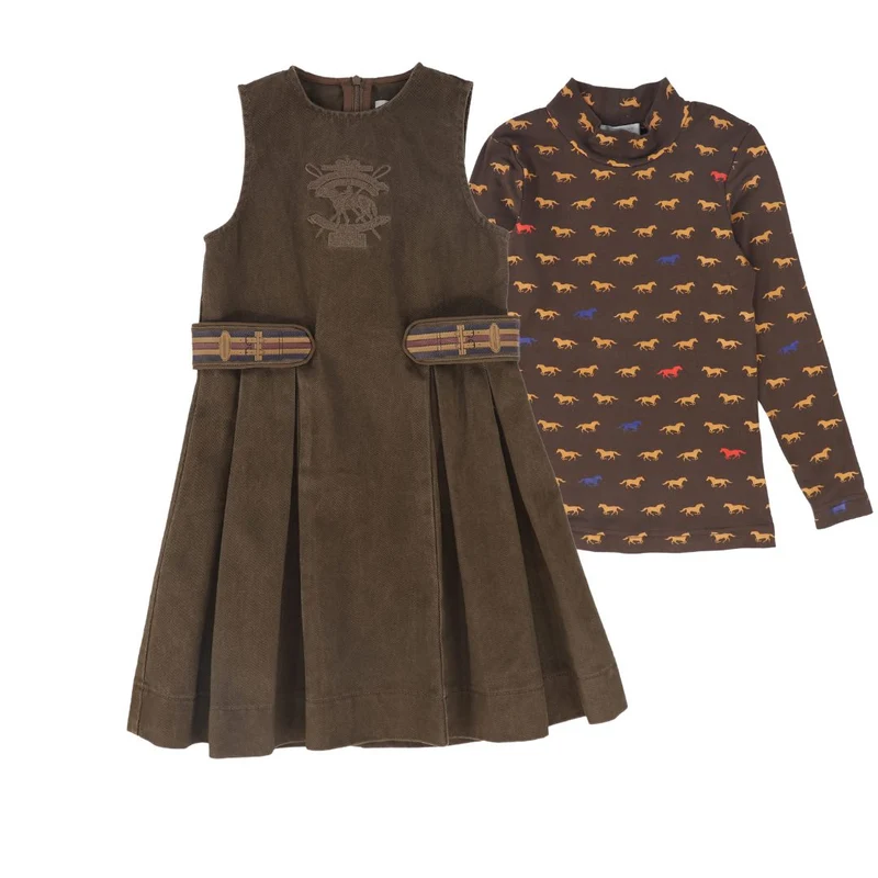 BACE COLLECTION BROWN DENIM EMBROIDERED PLEAT JUMPER SET 16 / 4
