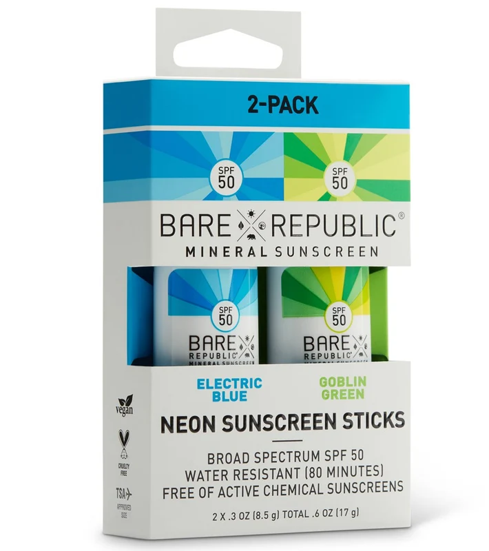 BARE Republic Mineral Neon SPF 50 Color Stick 2 Pack Blue/ Green