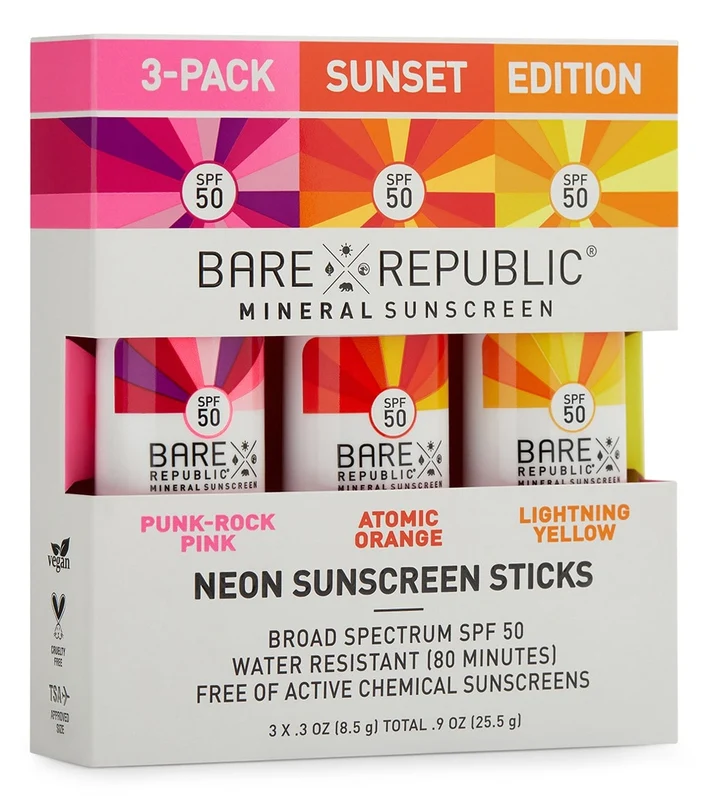 BARE Republic Mineral Neon SPF 50 Color Sport Stick 3 Pack Pink/Orange/Yellow