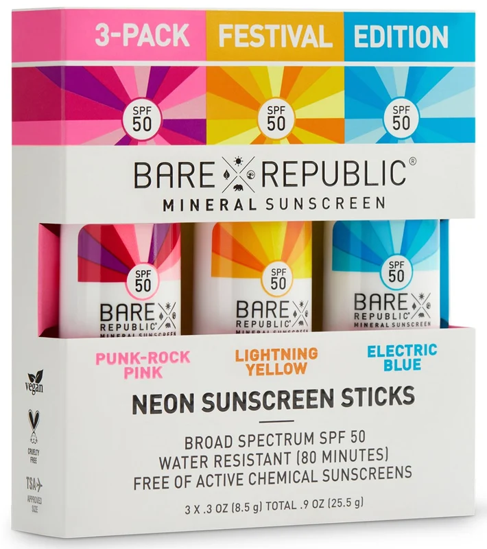 BARE Republic Mineral Neon SPF 50 Color Sport Stick 3 Pack Pink/Yellow/Blue