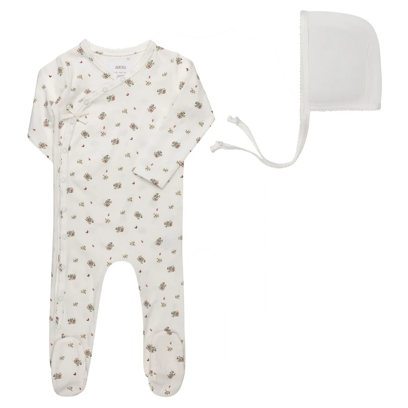 AURORA IVORY/PINK FLORAL FOOTIE + BONNET[FINAL SALE] 3M