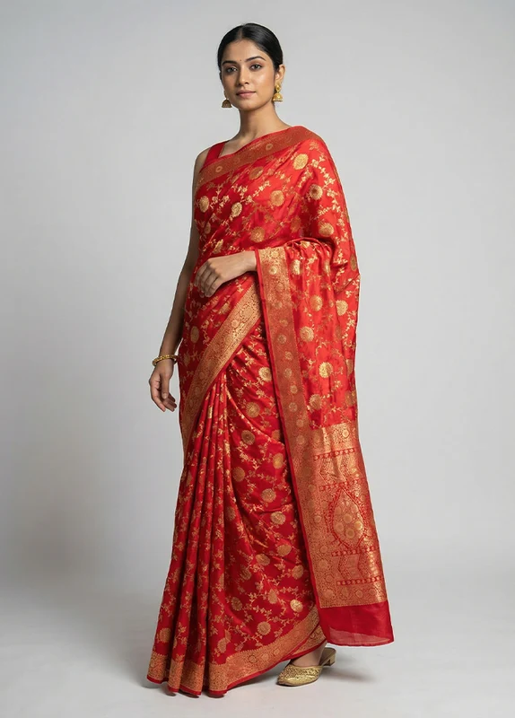 Red Dupion Silk Saree With Blouse Piece One Size