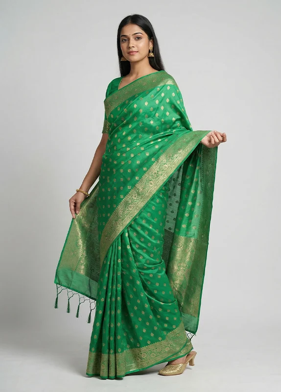 Green Dupion Silk Saree With Blouse Piece One Size