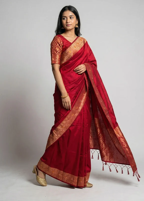Maroon Dupion Silk Saree With Blouse Piece One Size