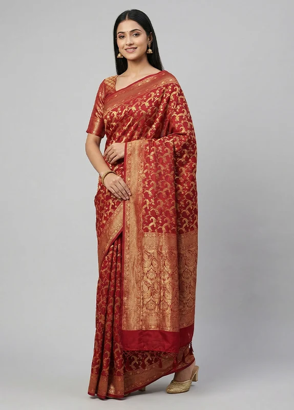 Maroon Dupion Silk Saree With Blouse Piece One Size