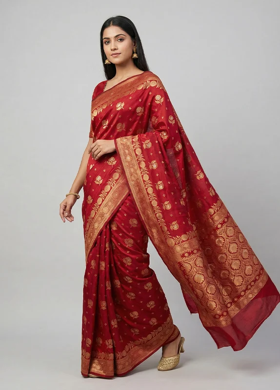 Maroon Dupion Silk Saree With Blouse Piece One Size