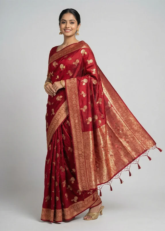 Maroon Dupion Silk Saree With Blouse Piece One Size