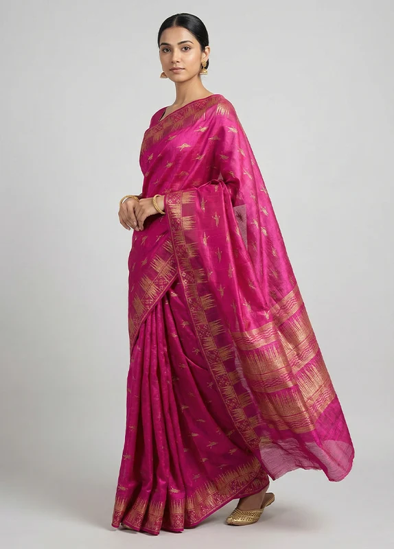 Pink Tussar Silk Saree With Blouse Piece One Size
