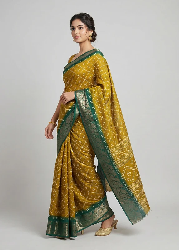 Green Cotton Saree With Blouse Piece One Size