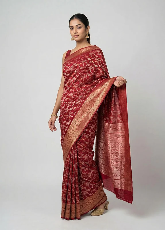 Red Cotton Saree With Blouse Piece One Size