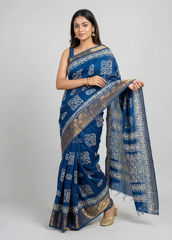 Blue Cotton Saree With Blouse Piece One Size