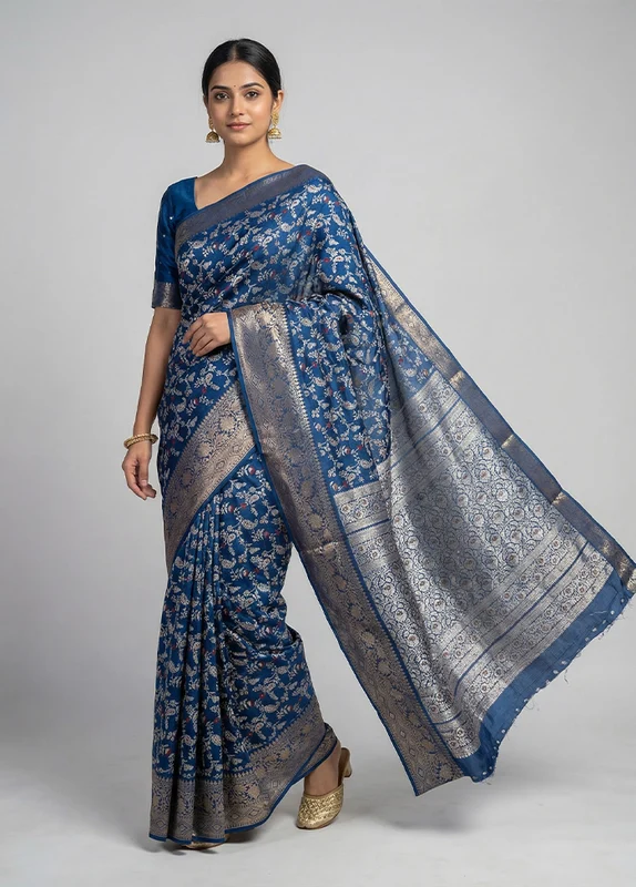 Blue Cotton Saree With Blouse Piece One Size