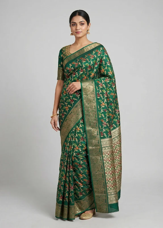 Green Cotton Saree With Blouse Piece One Size