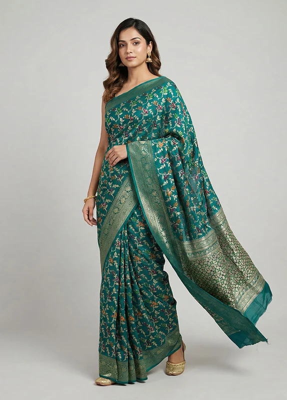 Green Cotton Saree With Blouse Piece One Size