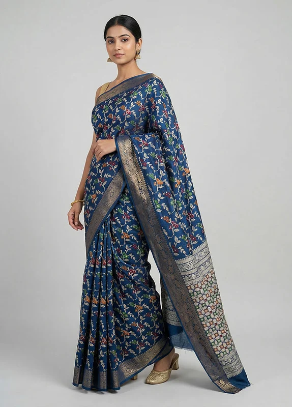 Blue Cotton Saree With Blouse Piece One Size