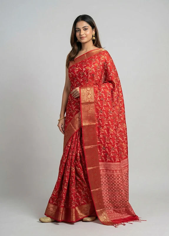 Red Cotton Saree With Blouse Piece One Size
