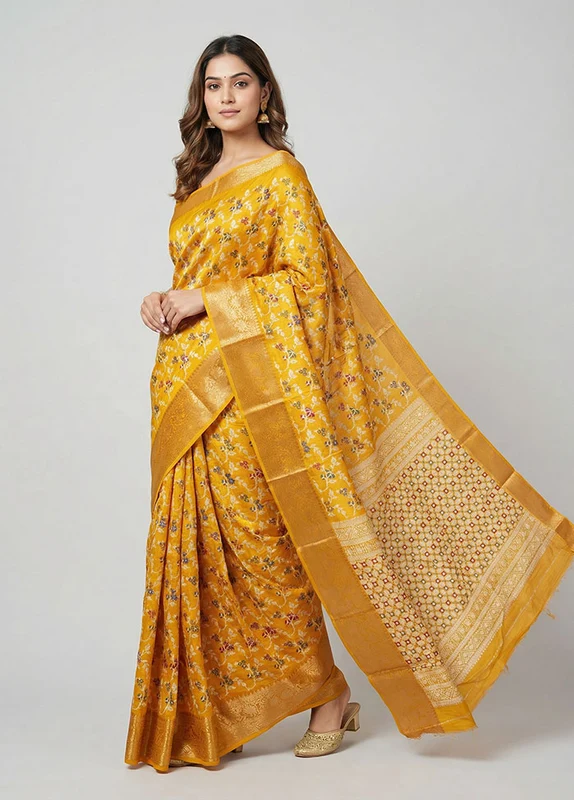 Yellow Cotton Saree With Blouse Piece One Size