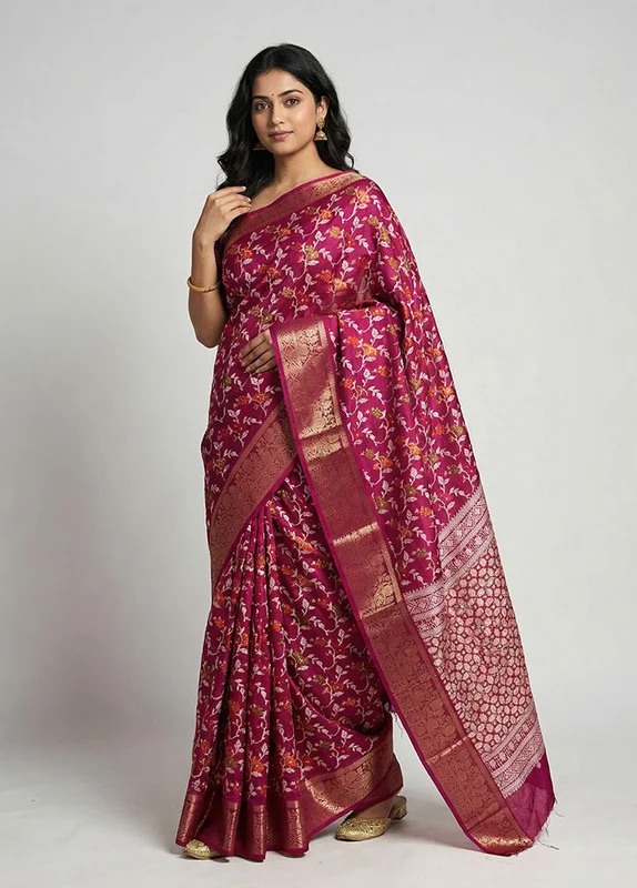 Purple Cotton Saree With Blouse Piece One Size
