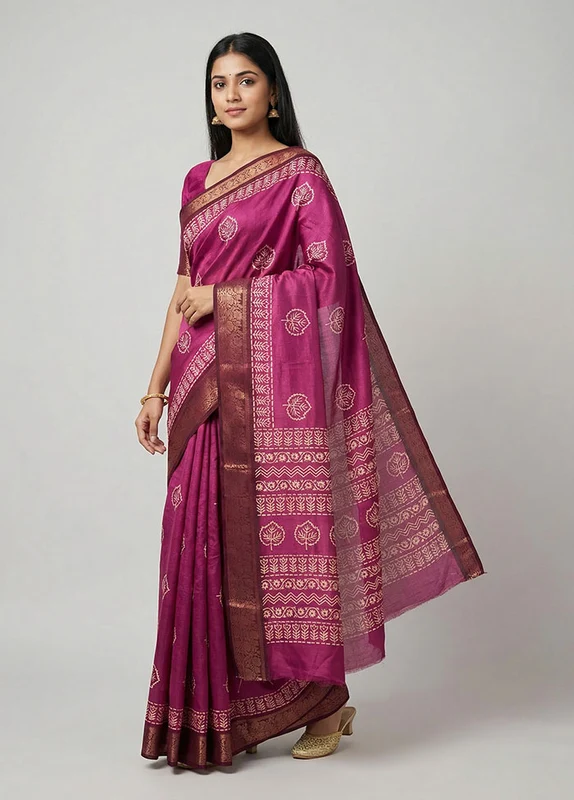 Purple Cotton Saree With Blouse Piece One Size