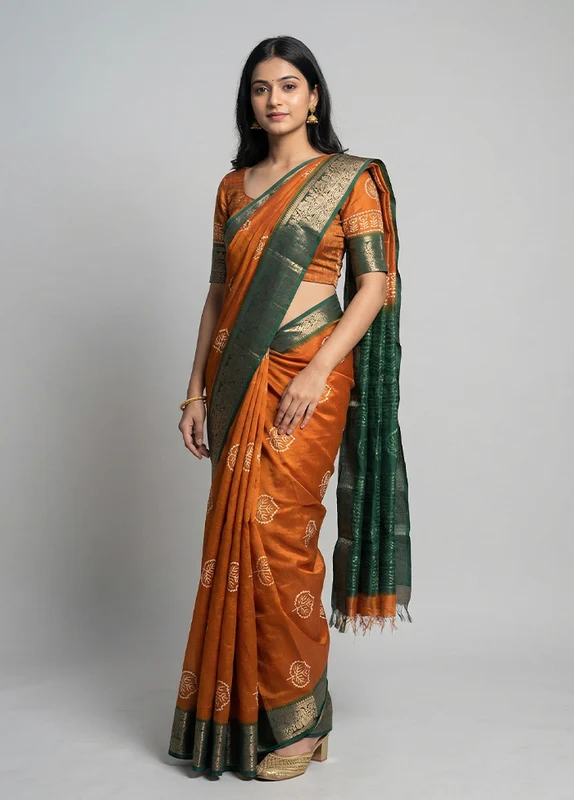 Yellow Cotton Saree With Blouse Piece One Size