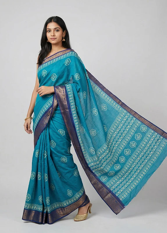 Blue Cotton Saree With Blouse Piece One Size