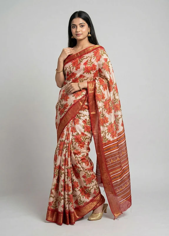 White Cotton Saree With Blouse Piece One Size