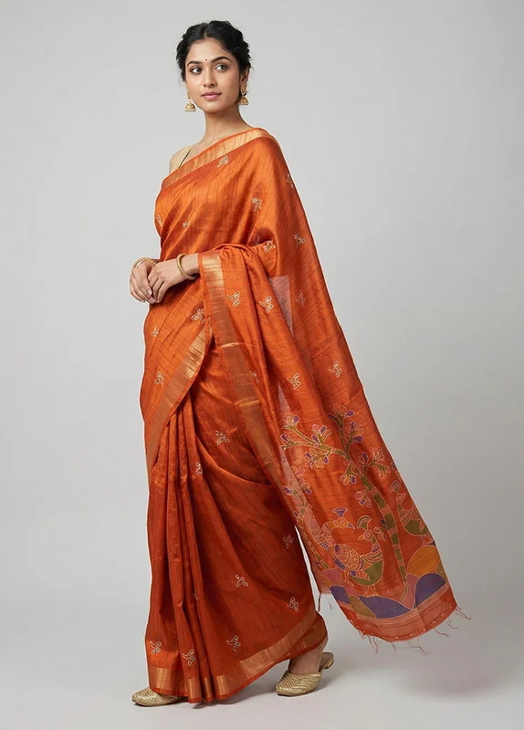 Orange Cotton Saree With Blouse Piece One Size