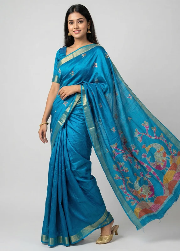Blue Cotton Saree With Blouse Piece One Size