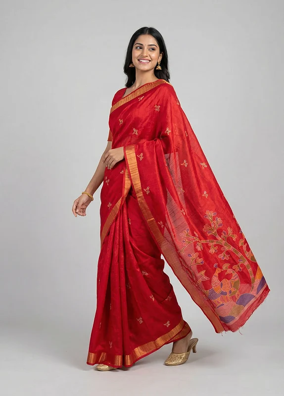 Red Cotton Saree With Blouse Piece One Size