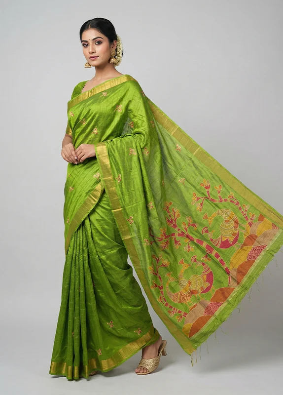 Green Cotton Saree With Blouse Piece One Size