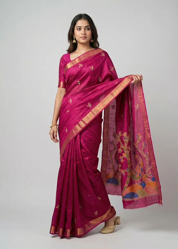 Purple Cotton Saree With Blouse Piece One Size