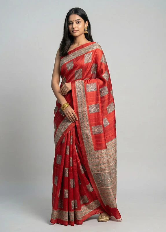 Rust Cotton Saree With Blouse Piece One Size