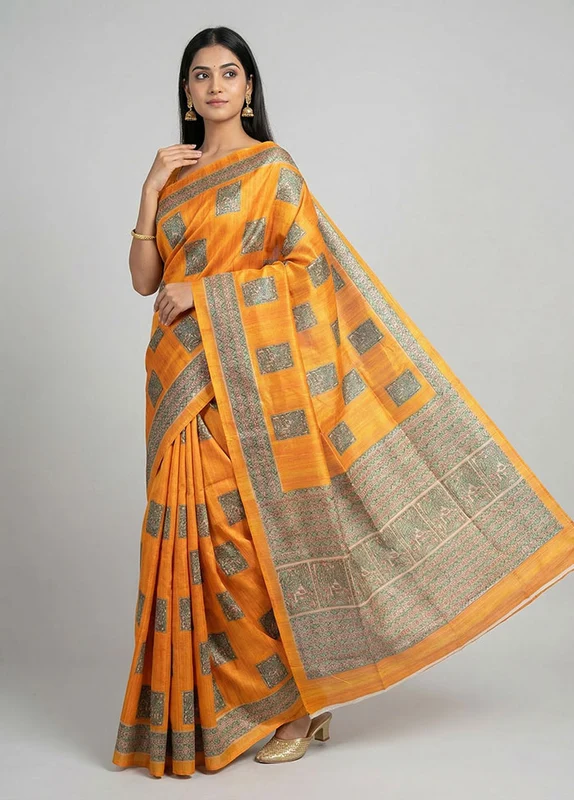 Yellow Cotton Saree With Blouse Piece One Size