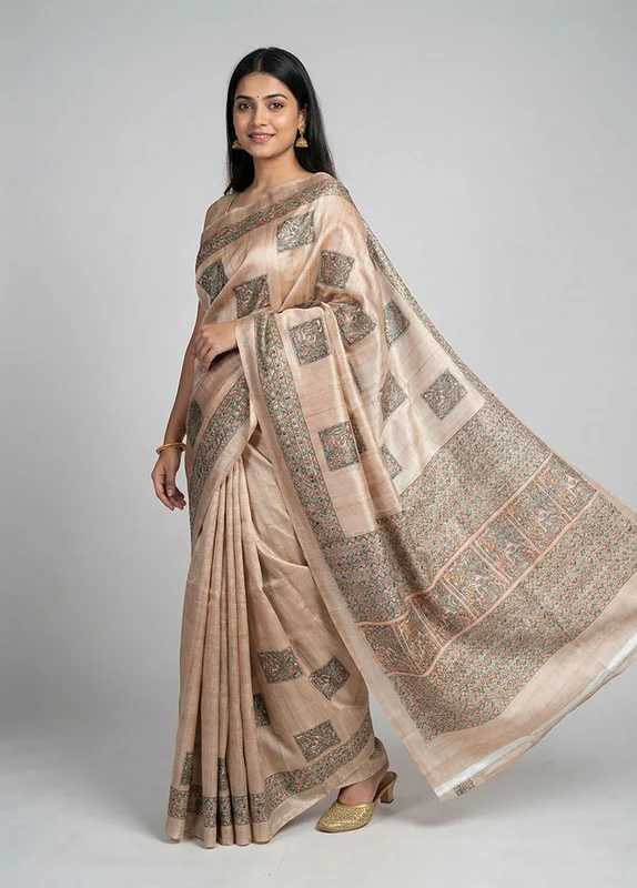 Cream Cotton Saree With Blouse Piece One Size