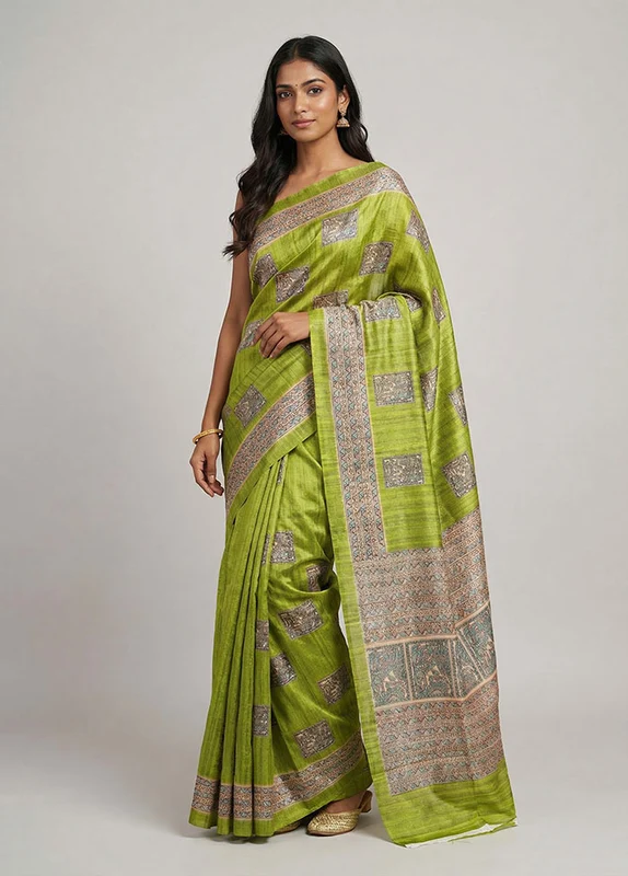 Green Cotton Saree With Blouse Piece One Size