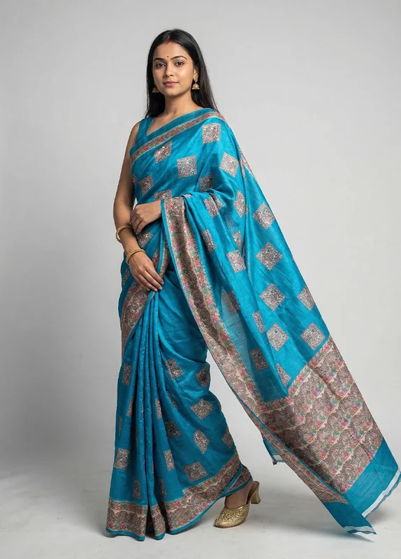 Blue Cotton Saree With Blouse Piece One Size