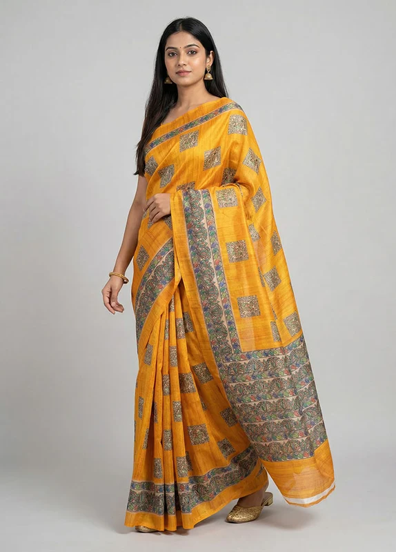 Yellow Cotton Saree With Blouse Piece One Size