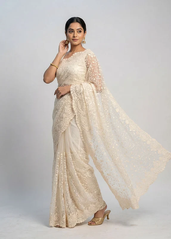White Organza Saree With Blouse Piece One Size