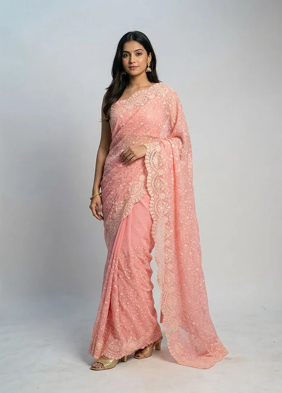 Pink Organza Saree With Blouse Piece One Size