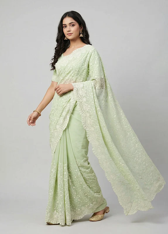 Green Organza Saree With Blouse Piece One Size