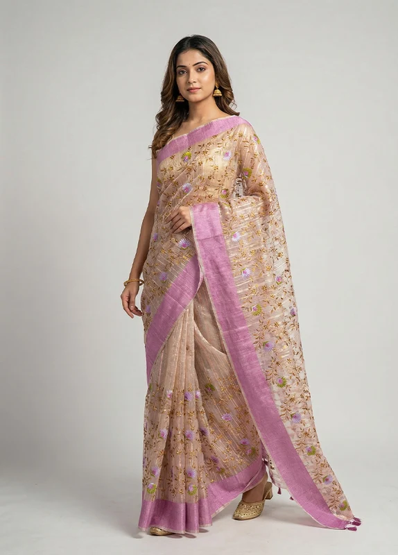 Pink Organza Saree With Blouse Piece One Size