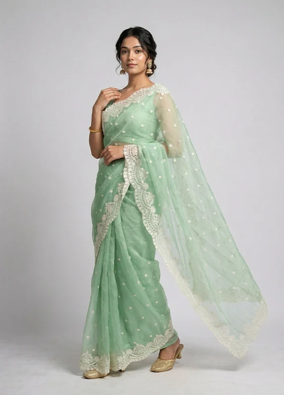 Green Organza Saree With Blouse Piece One Size