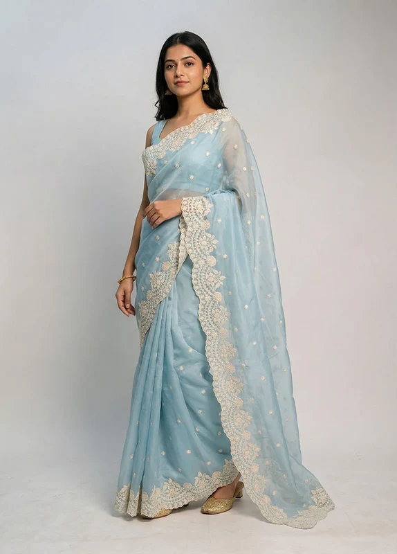 Blue Organza Saree With Blouse Piece One Size