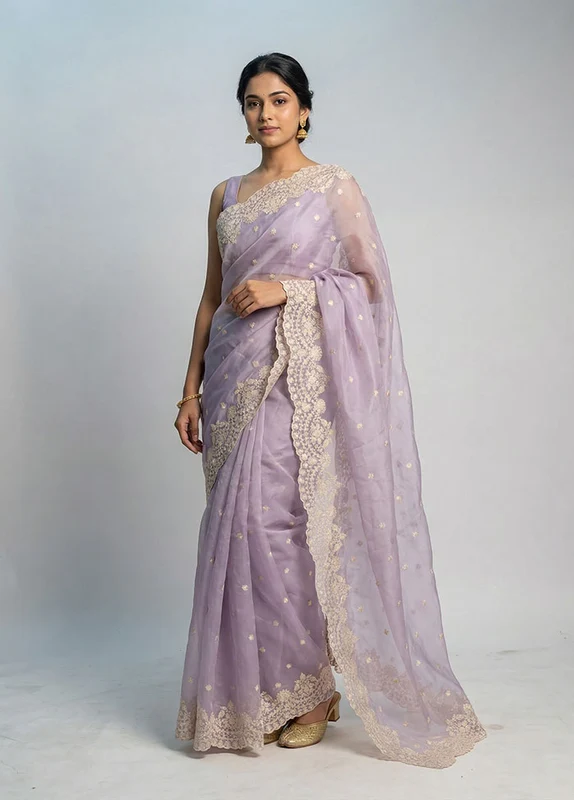 Purple Organza Saree With Blouse Piece One Size