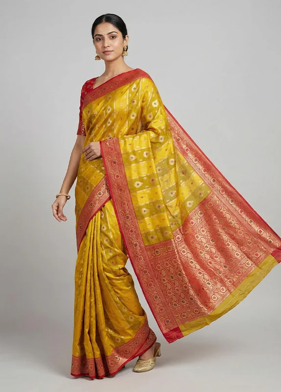Yellow Dupion Silk Saree With Blouse Piece One Size
