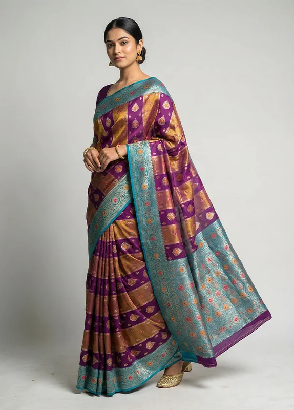 Purple Dupion Silk Saree With Blouse Piece One Size