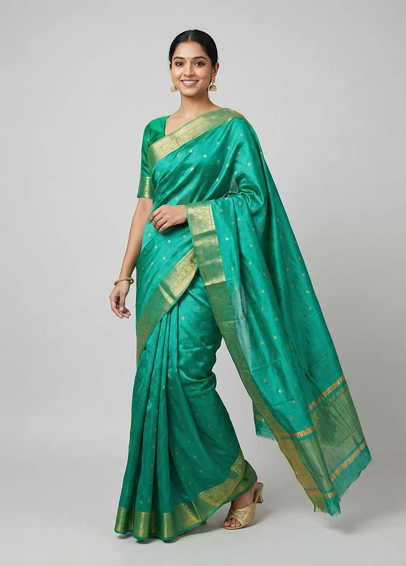 Green Dupion Silk Saree With Blouse Piece One Size